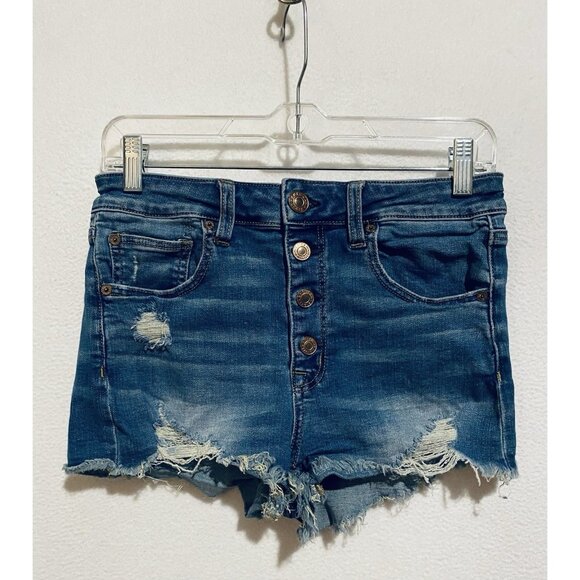American Eagle Denim Shorts Womens 8 Medium Wash High Rise Button Fly Boho - Picture 1 of 7